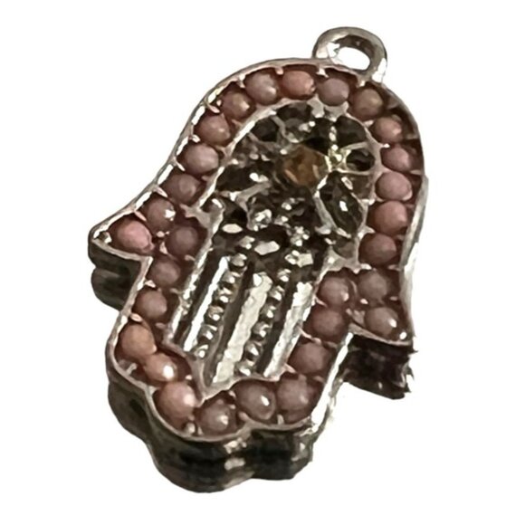 Pink Beaded Hamsa Yoga Hand Necklace Charm 1" Silver with Center Jewel - Picture 4 of 6